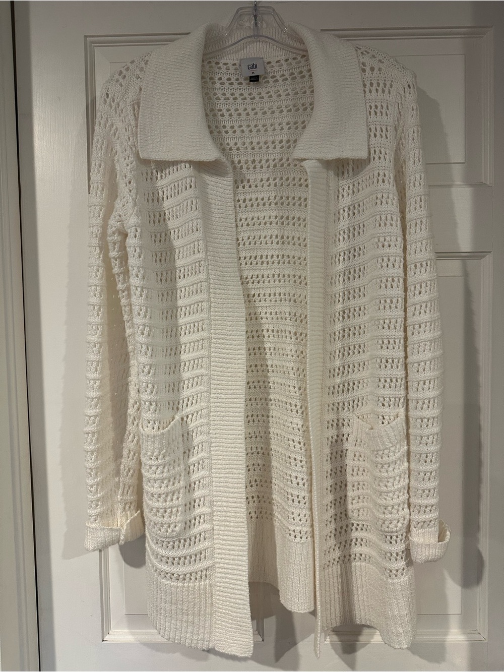 CAbi White Open-Knit Collared Cardigan